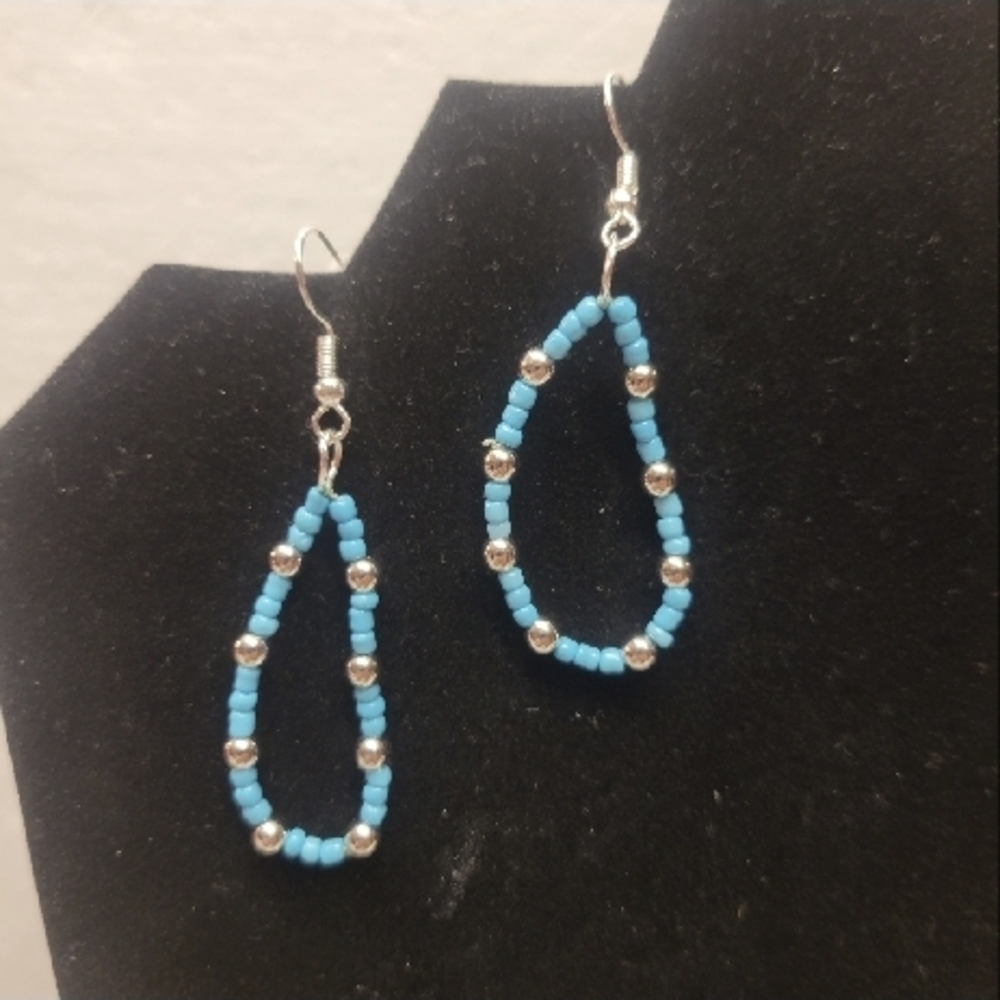 Hand Crafted Silver and Blue Seed Beaded Hoop Earrings